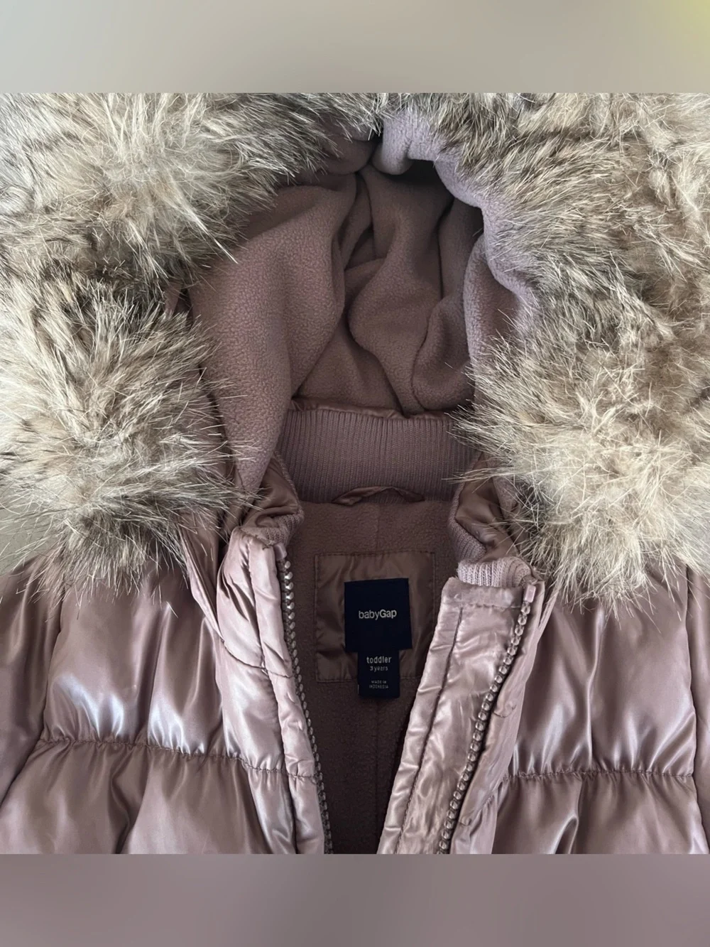 Baby Gap Warmest Snowsuit Down Puffer Rose Pewter Faux Fur Hood Size 3T Girls